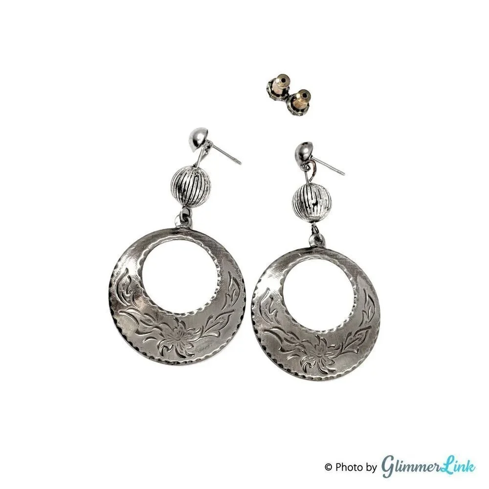 Vintage Dama Silver Tone Tiered Hoop Floral Etched Dangle Earrings